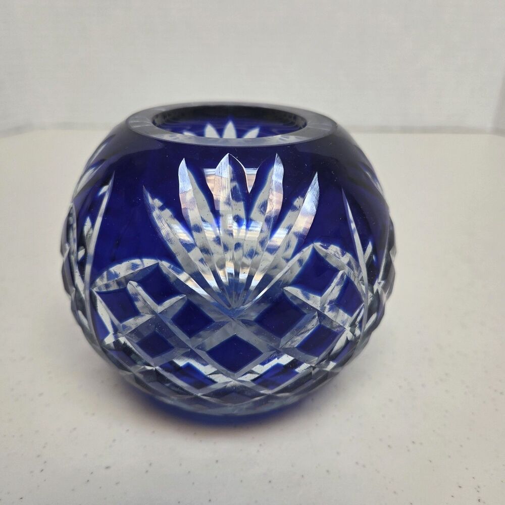 Crystal Legends by Godinger Cobalt Blue Bowl Vase Candle Holder Starburst